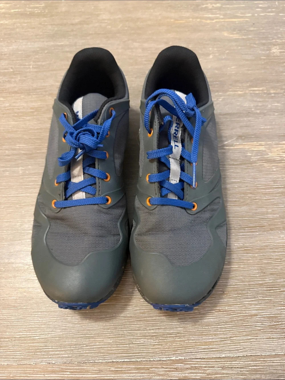 Merrell Men's Gray and Blue Trail Sneaker with Orange Accents